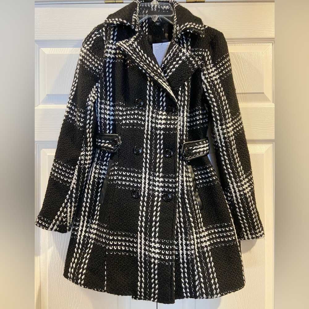 NWT BCX Peacoat Black & White Plaid Pleated Double Breasted Women's Size XS